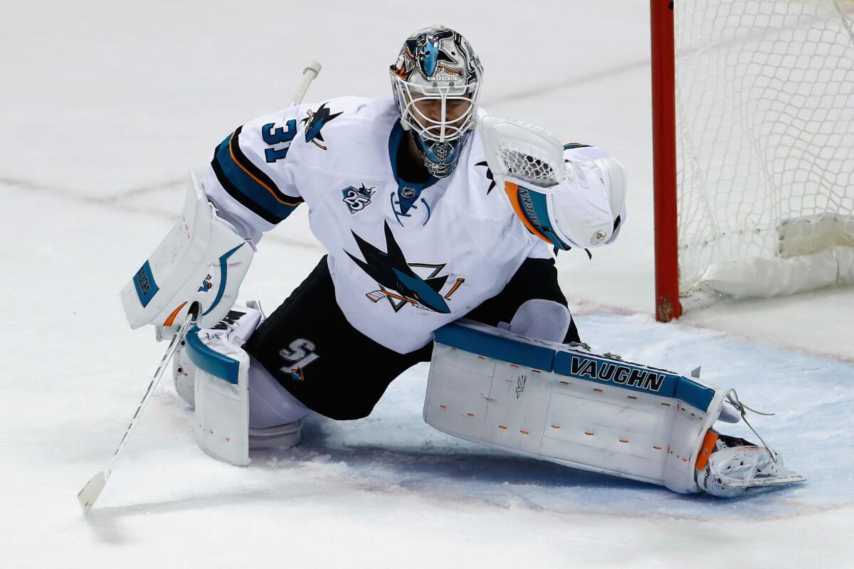 Sharks goalie Martin Jones (31) makes stop against the St. Louis Blues in Game 5 of the Western Conference finals.