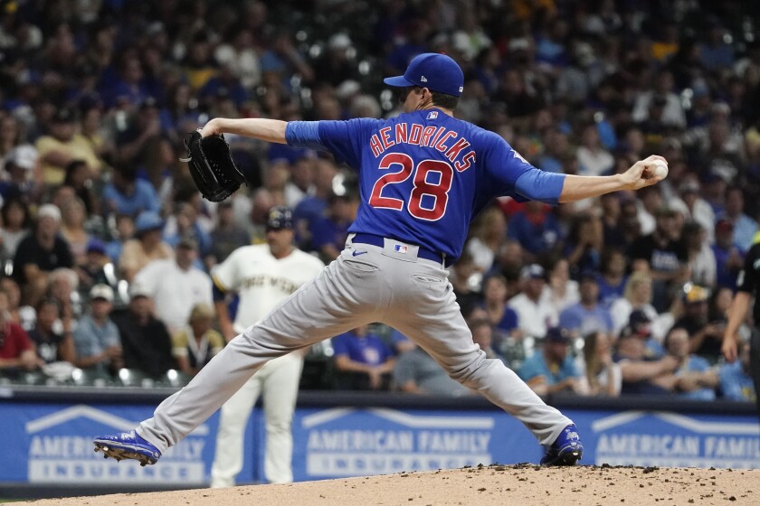Chicago Cubs starting pitcher Kyle Hendricks throws during the first inning of a baseball game against the Milwaukee Brewers Tuesday, July 5, 2022, in Milwaukee. (AP Photo/Morry Gash)