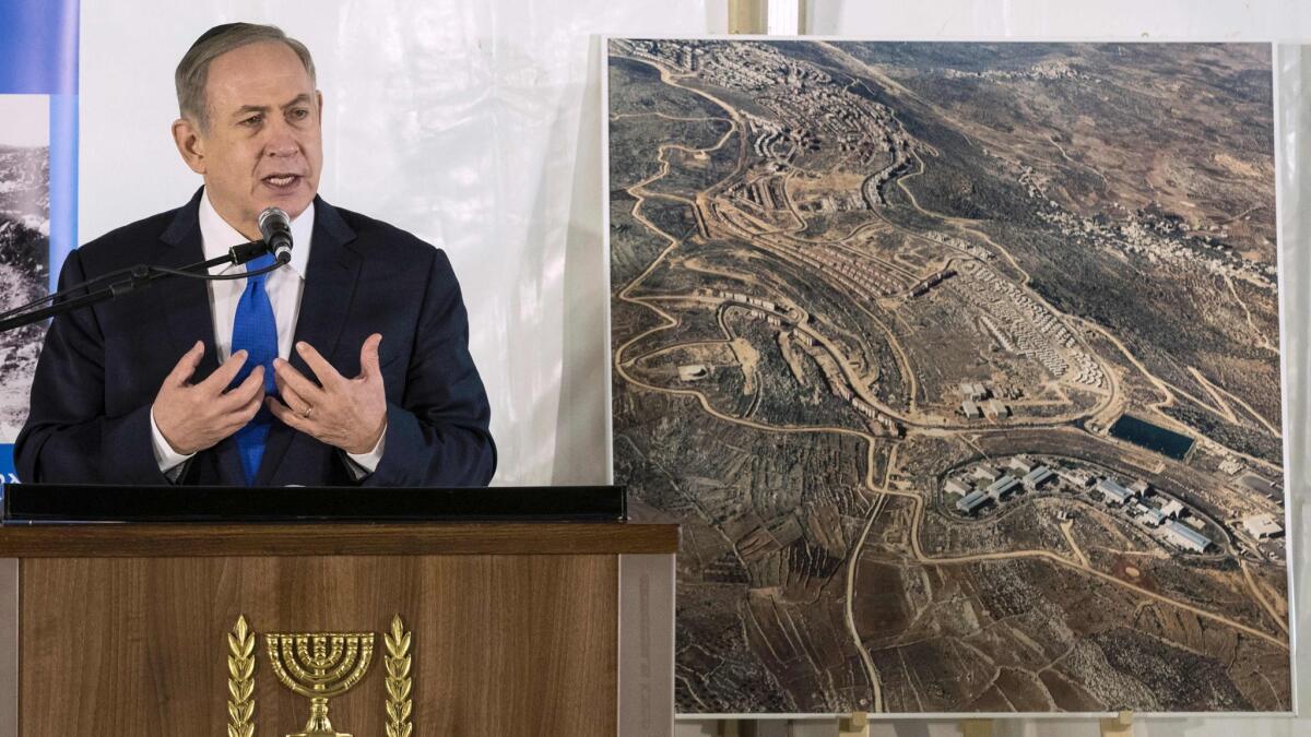 Israeli Prime Minister Benjamin Netanyahu speaks at a memorial Feb. 2 for Ron Nahman, the founder of Ariel, one of the largest Israeli settlements in the occupied West Bank.