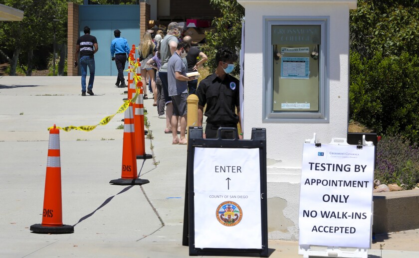 More than 4,000 coronavirus tests are conducted daily in San Diego County, and more testing sites are opening. In a file photo above, people wait in line for testing at Grossmont College in El Cajon.