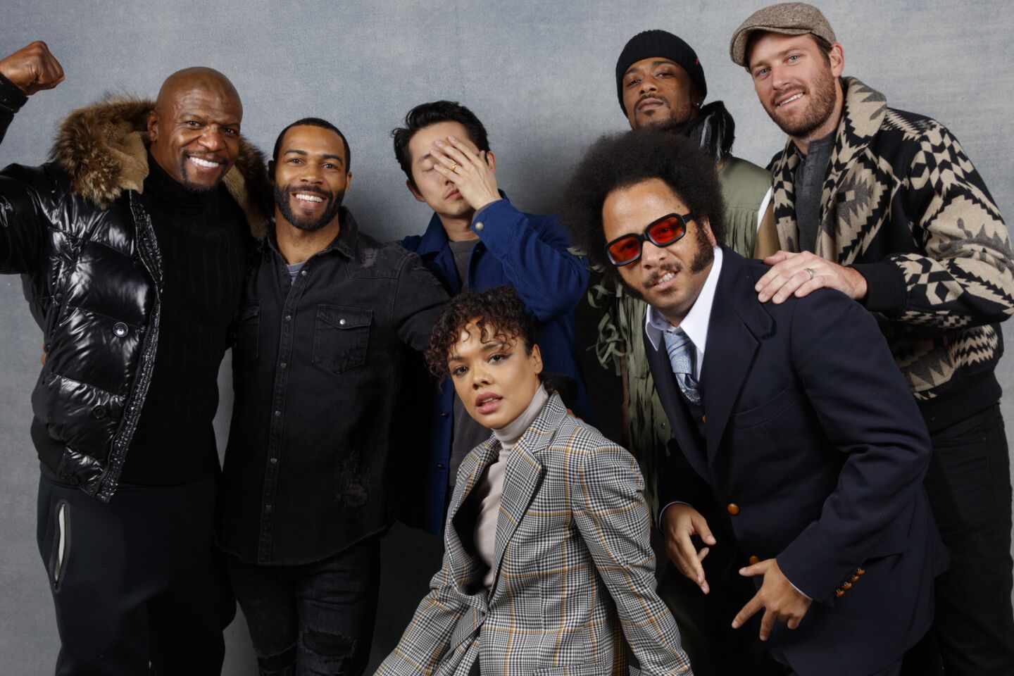 From left, actors Terry Crews, Omari Hardwick, Steven Yeun, Tessa Thompson, director Boots Riley, and actors LaKeith Stanfield and Armie Hammer, from the film "Sorry to Bother You," photographed in the L.A. Times studio during the Sundance Film Festival in Park City, Utah, Jan. 20, 2018.