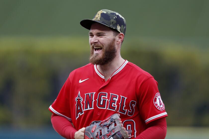 ANAHEIM, CA - MAY 21: Los Angeles Angels first baseman Jared Walsh (20) before the start of a game against the Oakland Athletics at Angel Stadium of Anaheim on Saturday, May 21, 2022 in Anaheim, CA. (Gary Coronado / Los Angeles Times)