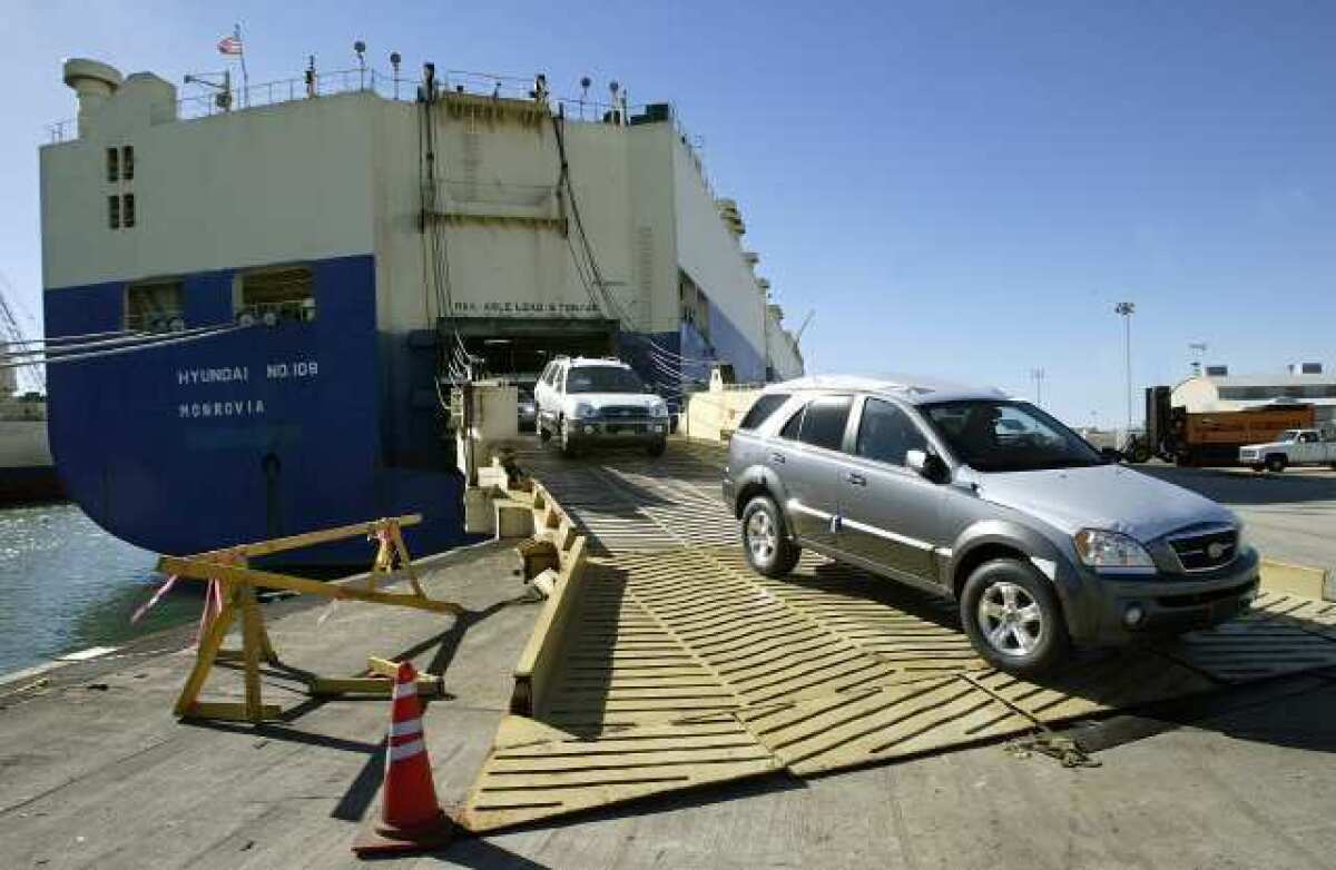 Hyundai vehicles are unloaded at a port. Prices for imported goods rose 1.3% in March, according to the Labor Department.