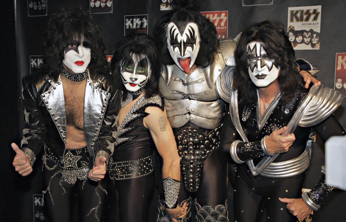 A 2008 photo shows a more recent incarnation of KISS: from left, Paul Stanley, Eric Singer, Gene Simmons and Tommy Thayer. The Rock and Roll Hall of Fame is choosing not to induct Singer and Thayer because they are not original members of the band.
