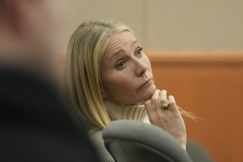 Actor Gwyneth Paltrow looks on as she sits in the courtroom on Tuesday, March 21, 2023, in Park City, Utah. Paltrow's trial over a 2016 ski collision began in the Utah ski resort town of Park City, where she is accused of crashing into a skier at Deer Valley Resort. The man suing accuses the actress of skiing out of control leaving him with brain damage and four broken ribs. (AP Photo/Rick Bowmer, Pool)