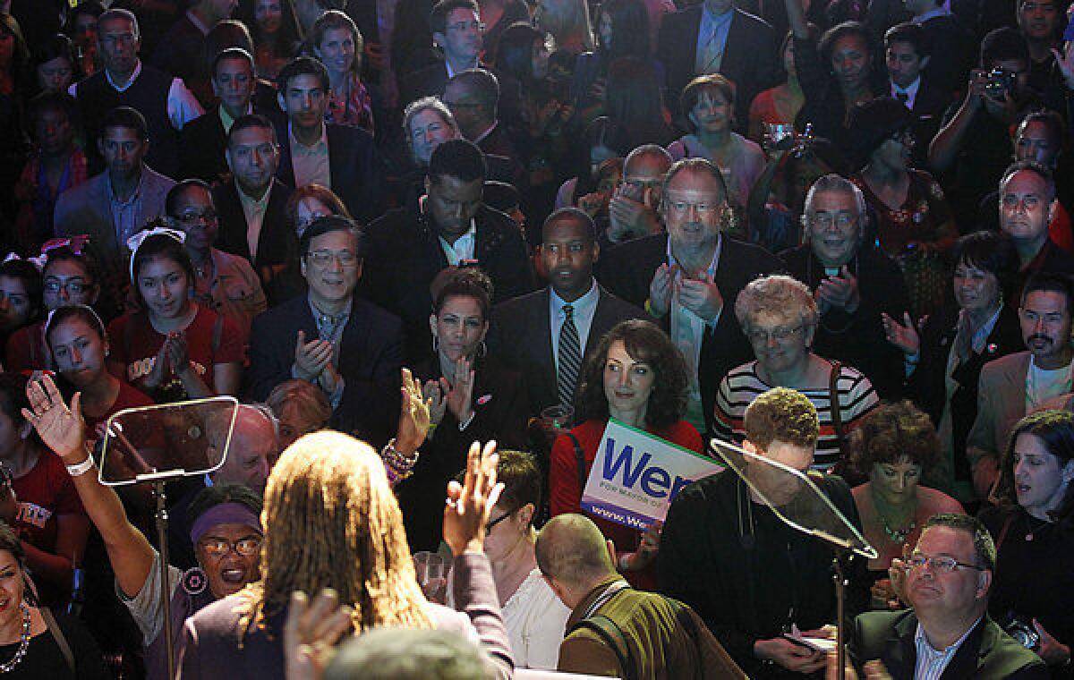 Supporters of L.A. mayoral candidate Wendy Greuel gather on election night at the old Pacific Stock Exchange in downtown Los Angeles.