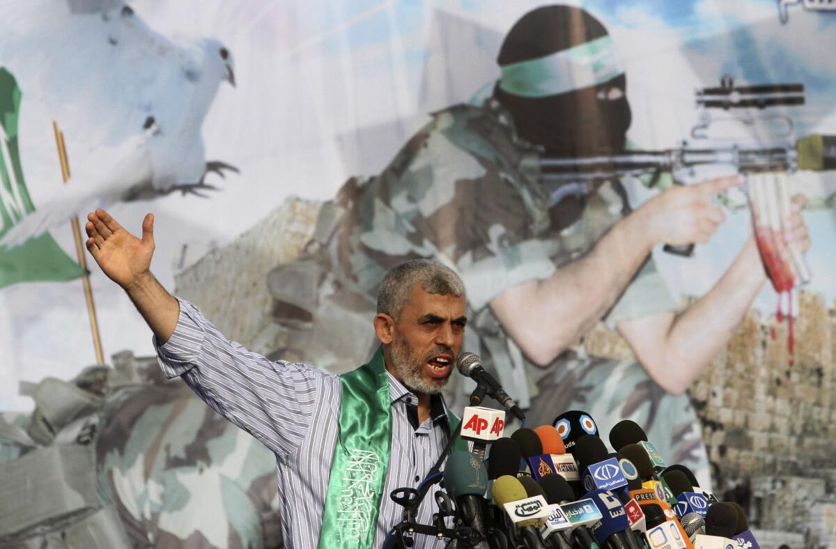 Yehya Sinwar, a freed prisoner and founder of Hamas' military wing, speaks during a rally in Khan Younis in the southern Gaza Strip on Oct. 21, 2011.