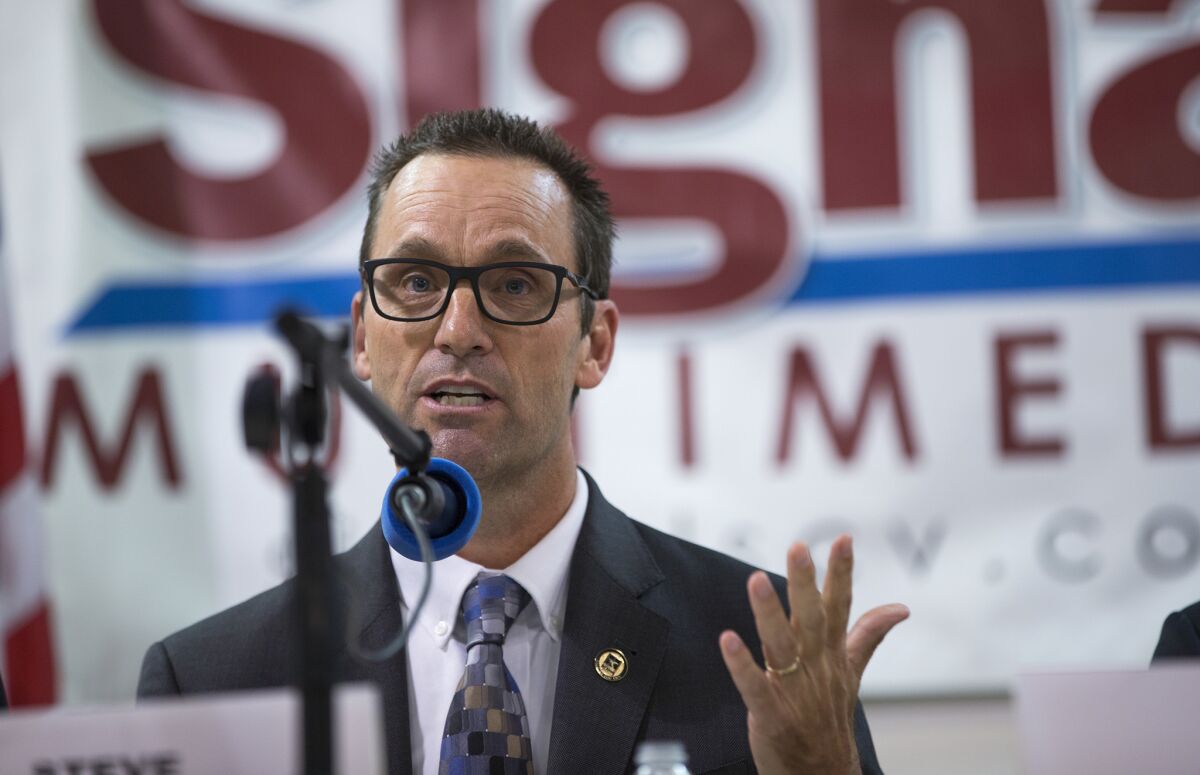 Rep. Steve Knight (R-Palmdale), the incumbent in the 25th Congressional District, answers a question during a May 5 debate in Newhall.