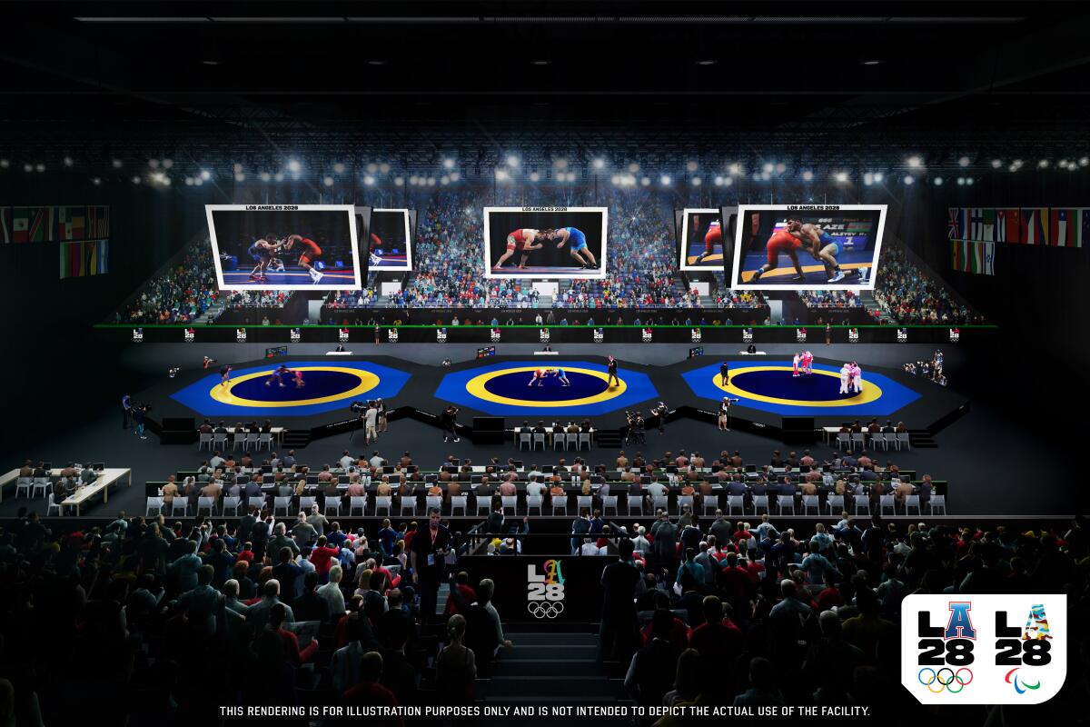 An artist's rendering of wrestling at the Los Angeles Convention Center during the 2028 Olympic Games.