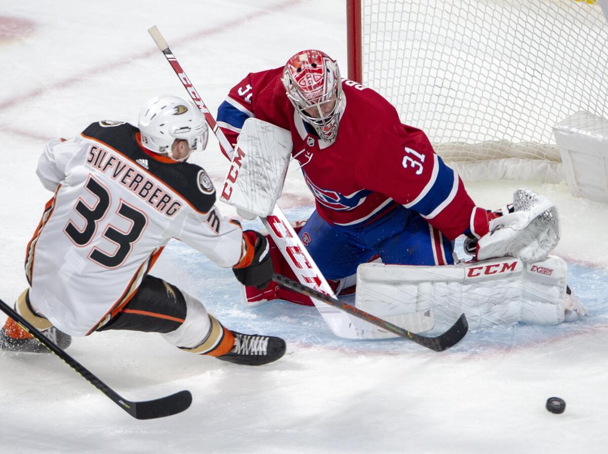 Canadiens goaltender Carey Price makes a save on Ducks right wing Jakob Silfverberg during the first period of a game Feb. 6 at the Bell Centre.