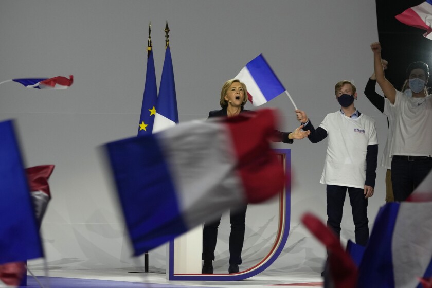 Conservative presidential candidate Valerie Pecresse gestures during a campaign rally, Sunday, Feb. 13, 2022 in Paris. Less than 60 days from the first round, Valerie Pecresse, 54, is struggling to take off in the polls — despite having had an initial boost last year when she was picked to be the French conservatives' first female presidential candidate. (AP Photo/Francois Mori)