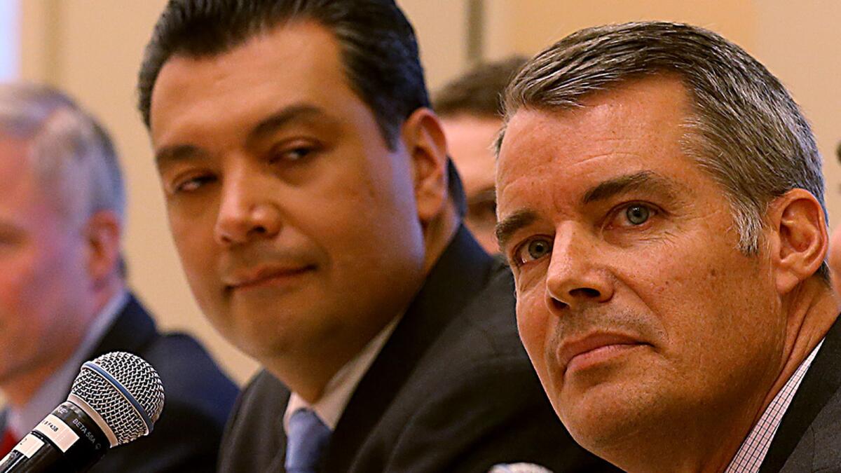 Sen. Alex Padilla, left, and Pete Peterson agree that a top priority is to get more Californians to the polls.
