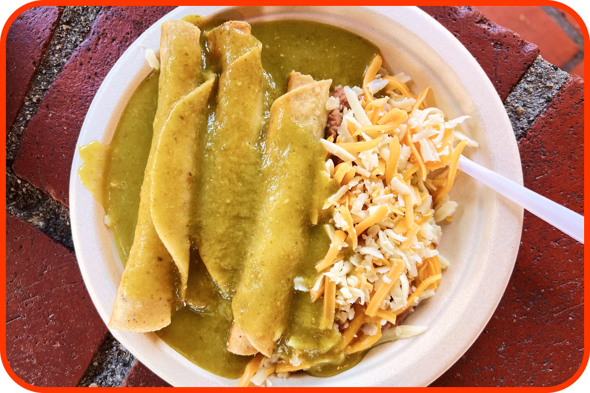 Beef taquitos with beans and rice at Cielito Lindo on Olvera Street in downtown Los Angeles.