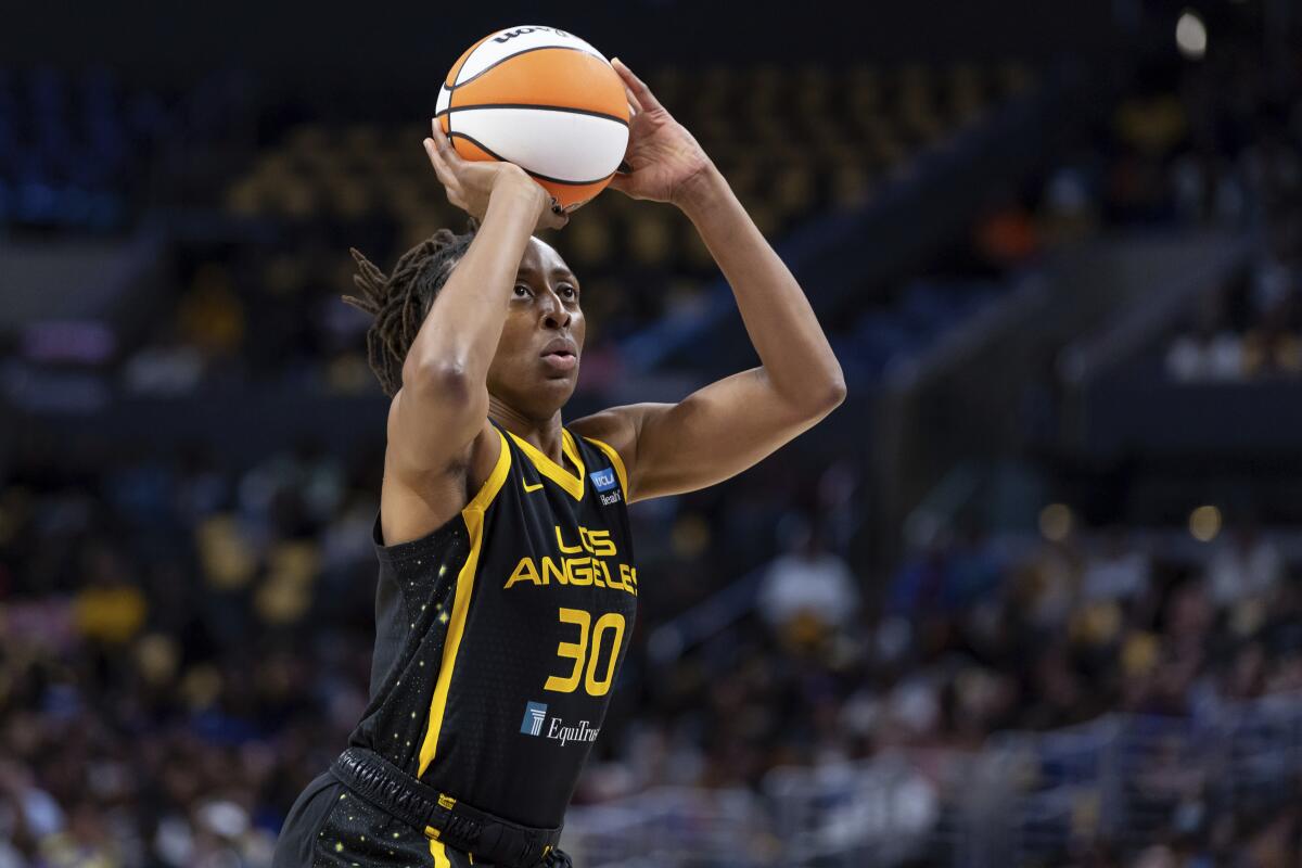 Sparks forward Nneka Ogwumike shoots the ball against the Phoenix Mercury on May 19, 2023, in Los Angeles.