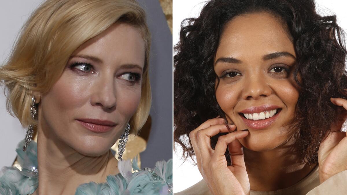 Cate Blanchett, left, will play villain Hela, and Tessa Thompson will be Valkyrie in "Thor: Ragnarok."