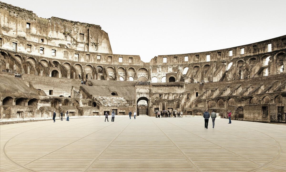 Imagen digital del Coliseo romano y futura arena de madera, vista lateral, a nivel del suelo.