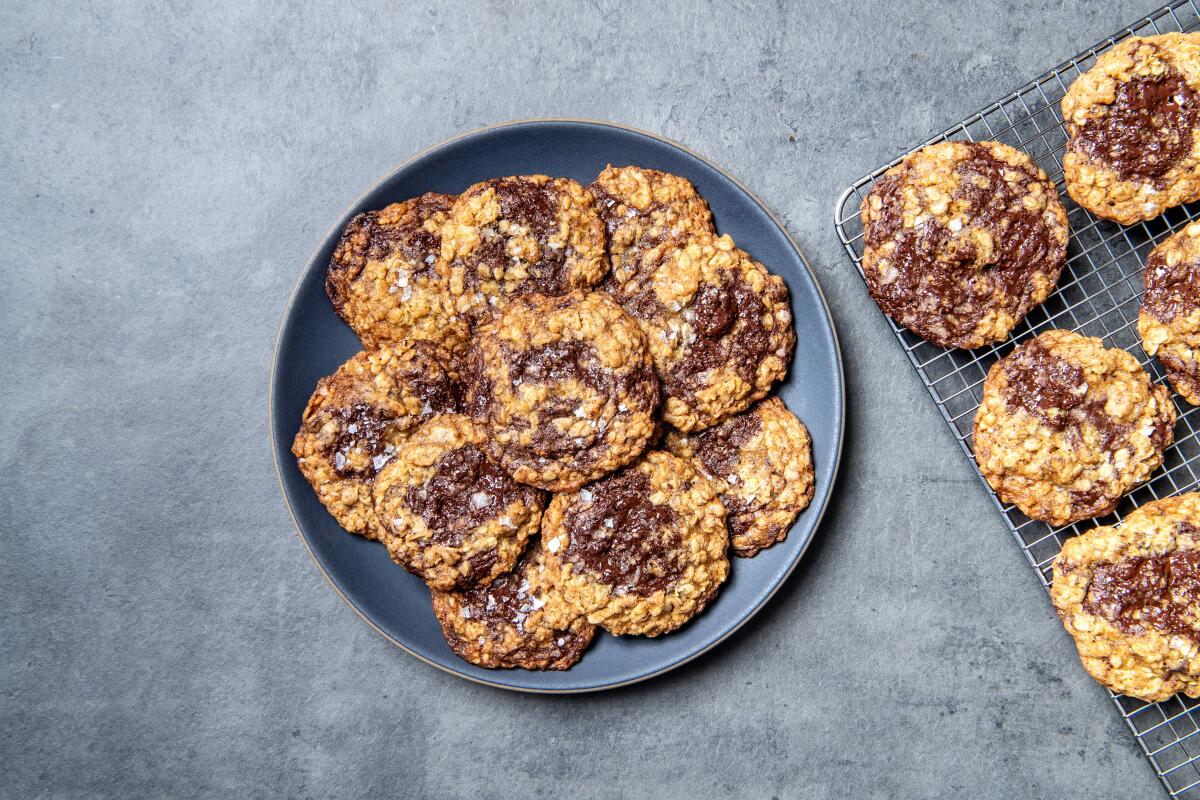 A round plate of Chocolate Chunk Oatmeal Cookies