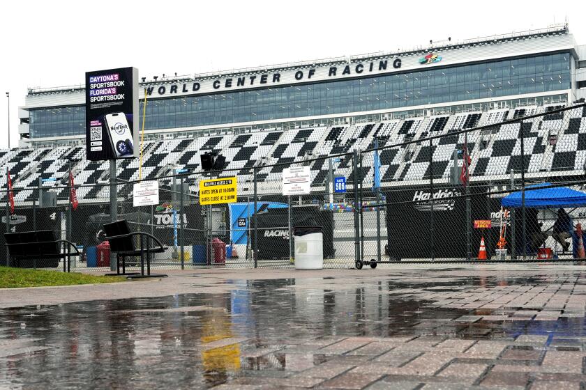 The grandstand at Daytona International Speedway is seen after the NASCAR Daytona 500 auto race.
