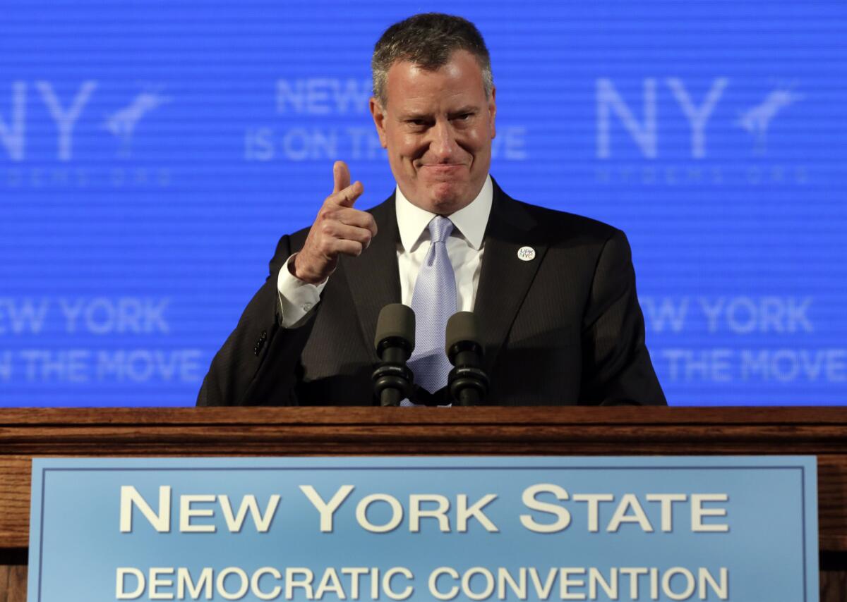 New York Mayor Bill de Blasio, shown at the state's Democratic Convention on May 22, is poised to lose his bet with L.A. Mayor Eric Garcetti on the Stanley Cup Final.