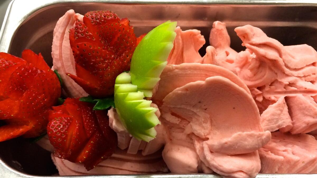 The strawberry sorbetto I made in a one-day crash course at Gelato U. The ingredients: strawberries, water, sugar and lemon juice.