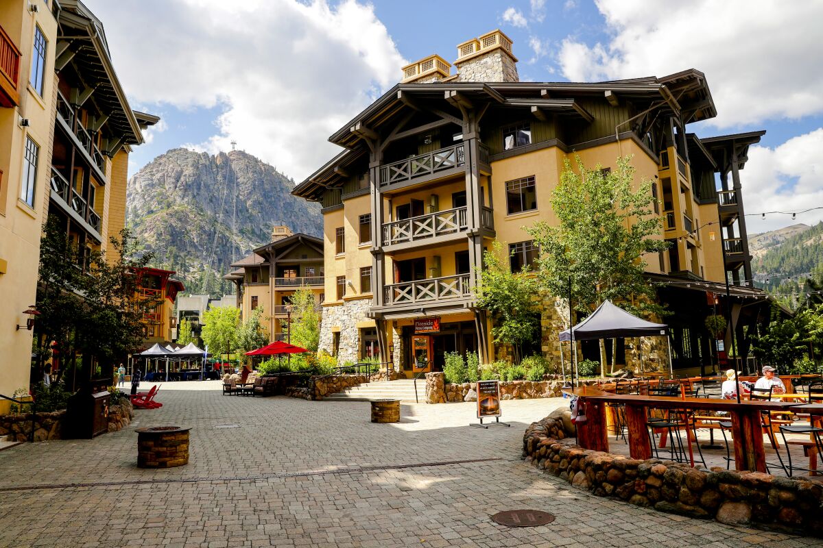 The Village at Squaw Valley Ski Resort features a chalet, outdoor dining and views of the mountains.
