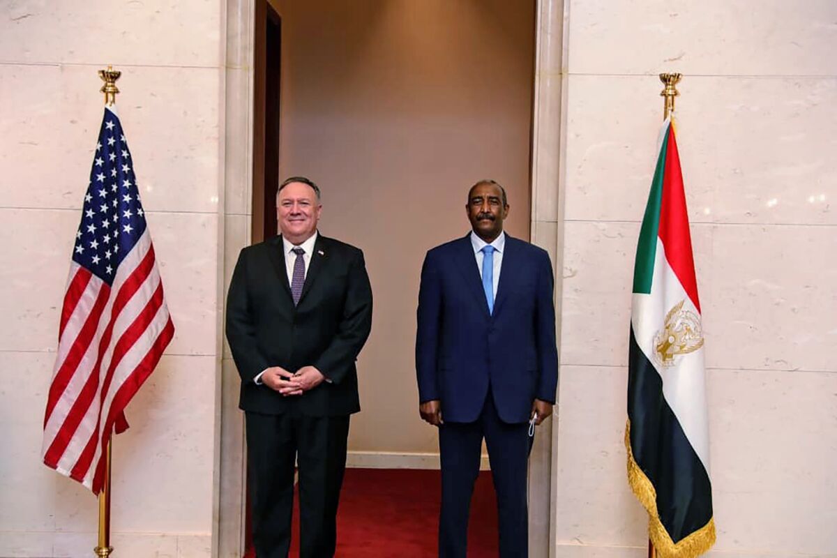 U.S. Secretary of State Mike Pompeo stands with Sudanese Gen. Abdel-Fattah Burhan in Khartoum, Sudan, on Aug. 25. 