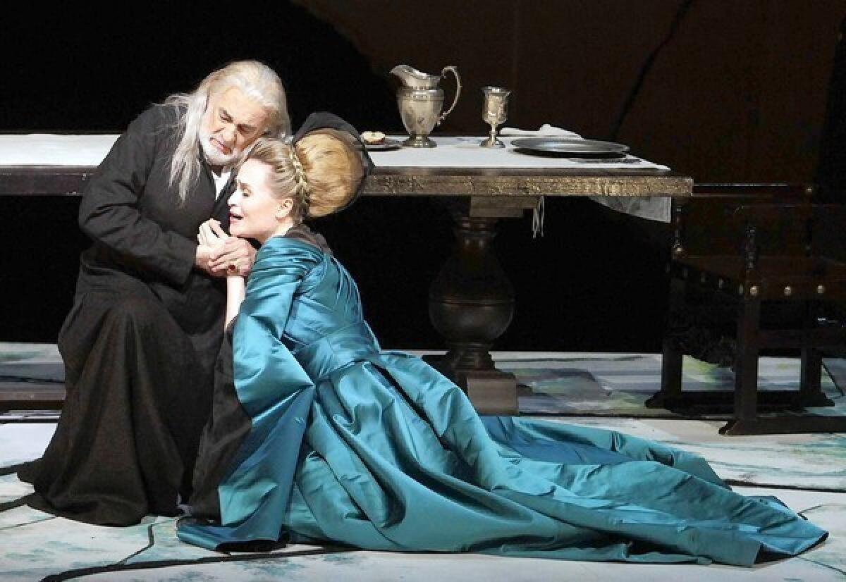 Marina Poplavskaya as Lucrezia Contarini and Plácido Domingo as Francesco Foscari in Verdi's "The Two Foscari" at the Dorothy Chandler Pavilion.