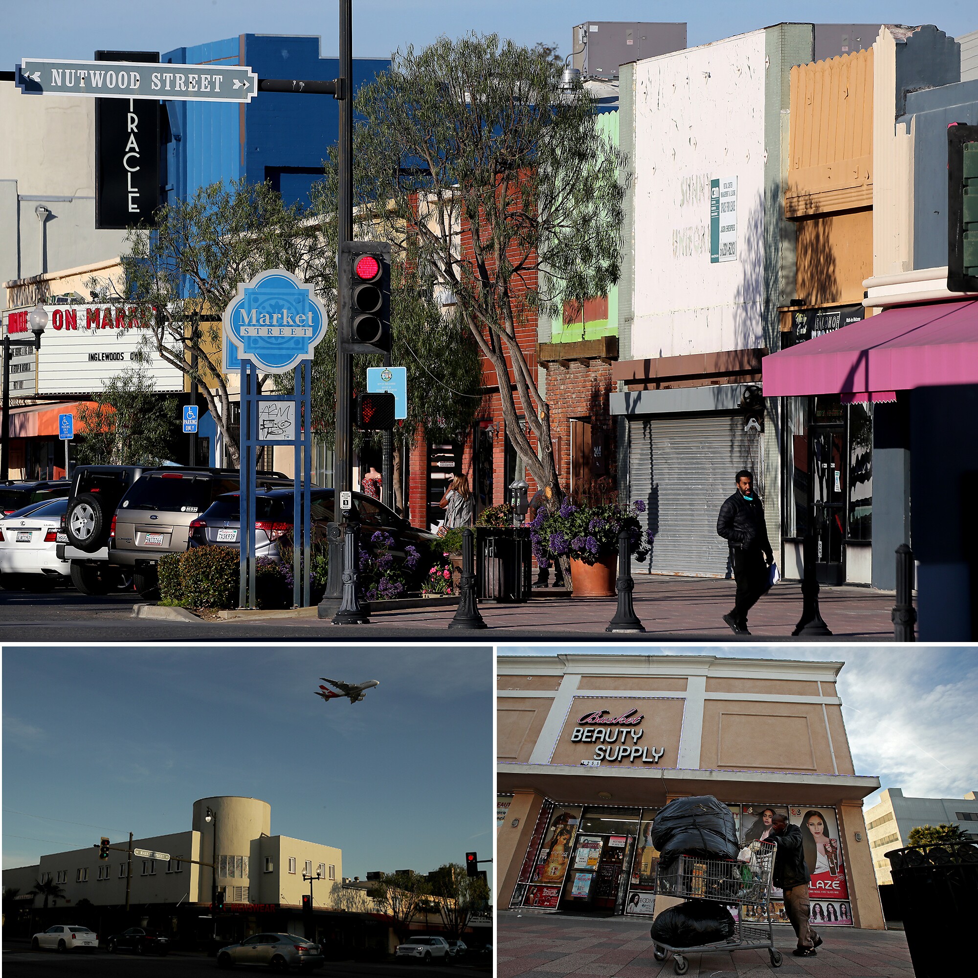 Scenes from Inglewood: Market Street, a plane heading to LAX, a man with a shopping cart