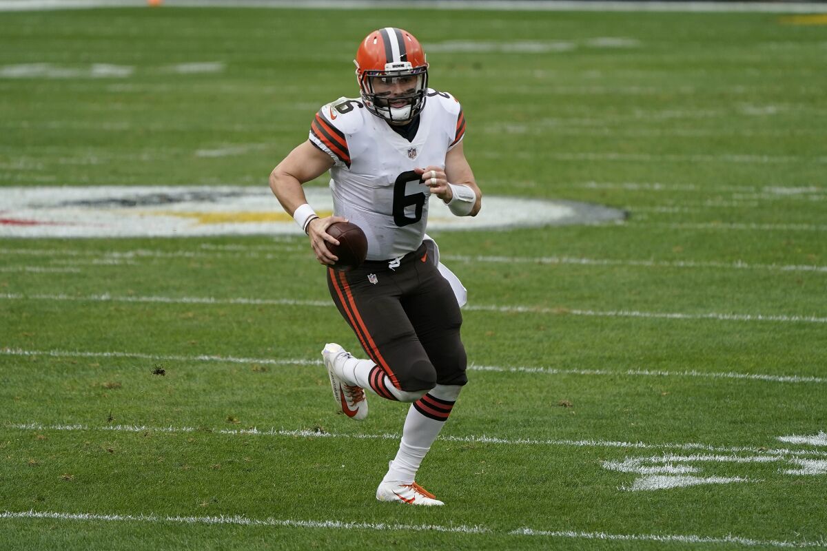 Cleveland Browns quarterback Baker Mayfield in action.