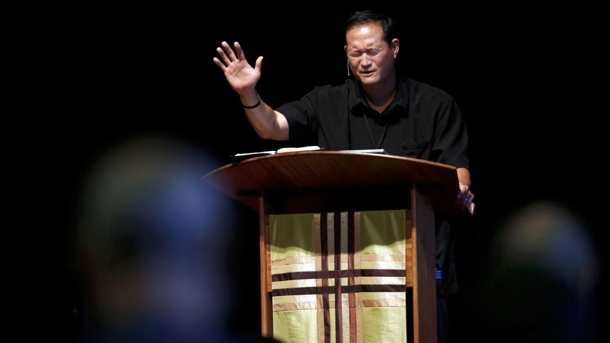 Rocky Seto preaches during Sunday morning service at Evergreen SGV Baptist Church in La Puente.
