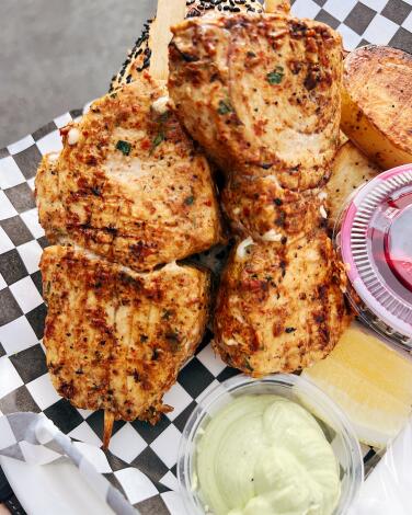 The swordfish skewers from III Mas Barbecue at Smorgasburg Los Angeles.