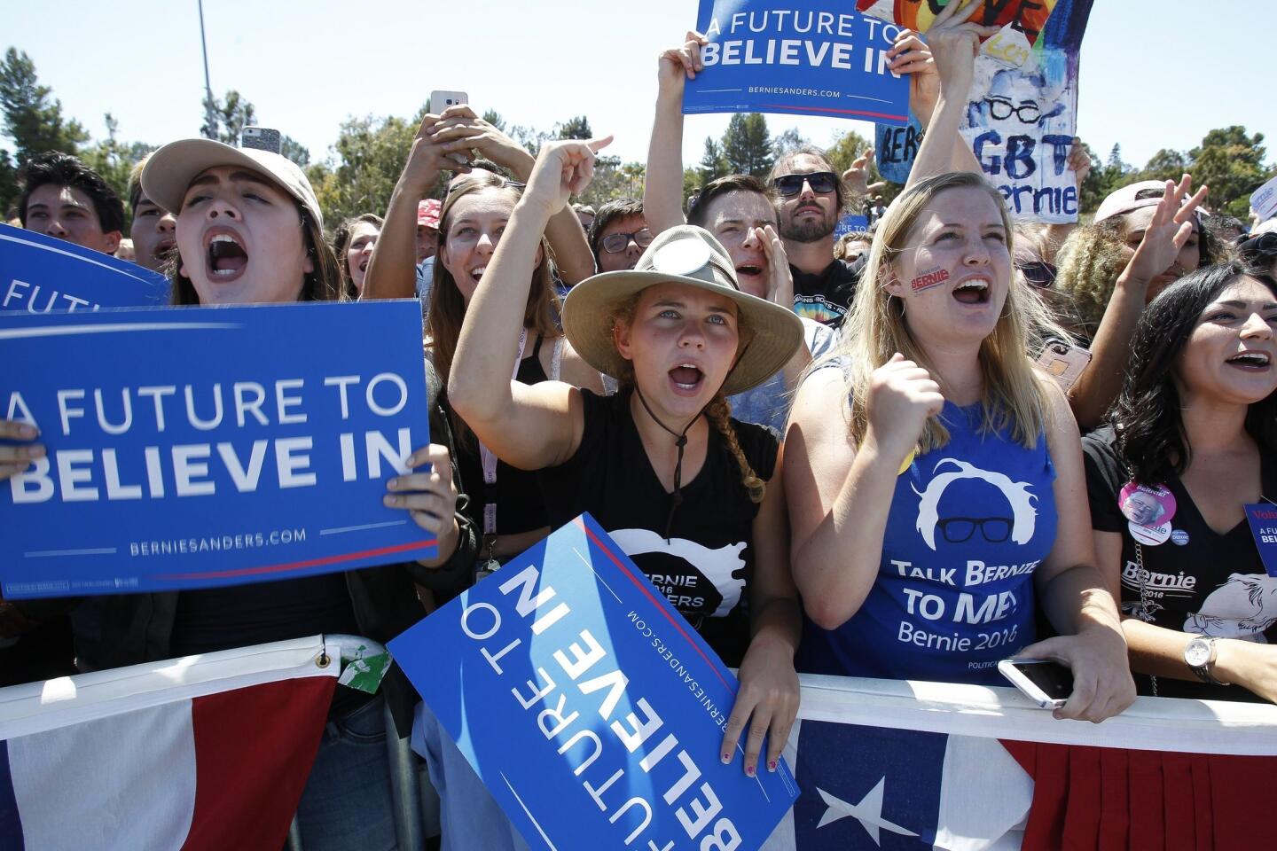 Bernie Sanders supporters cheer as Democratic presidential candidate Bernie Sanders speaks.