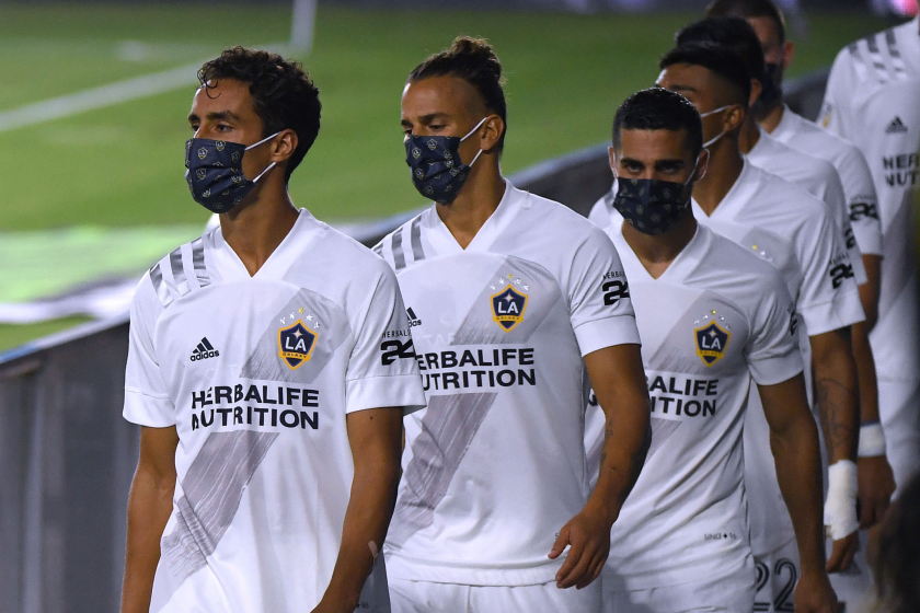 Ethan Zubak #29, Rolf Feltscher #25 and Sebastian Lletget #17 of Los Angeles Galaxy.