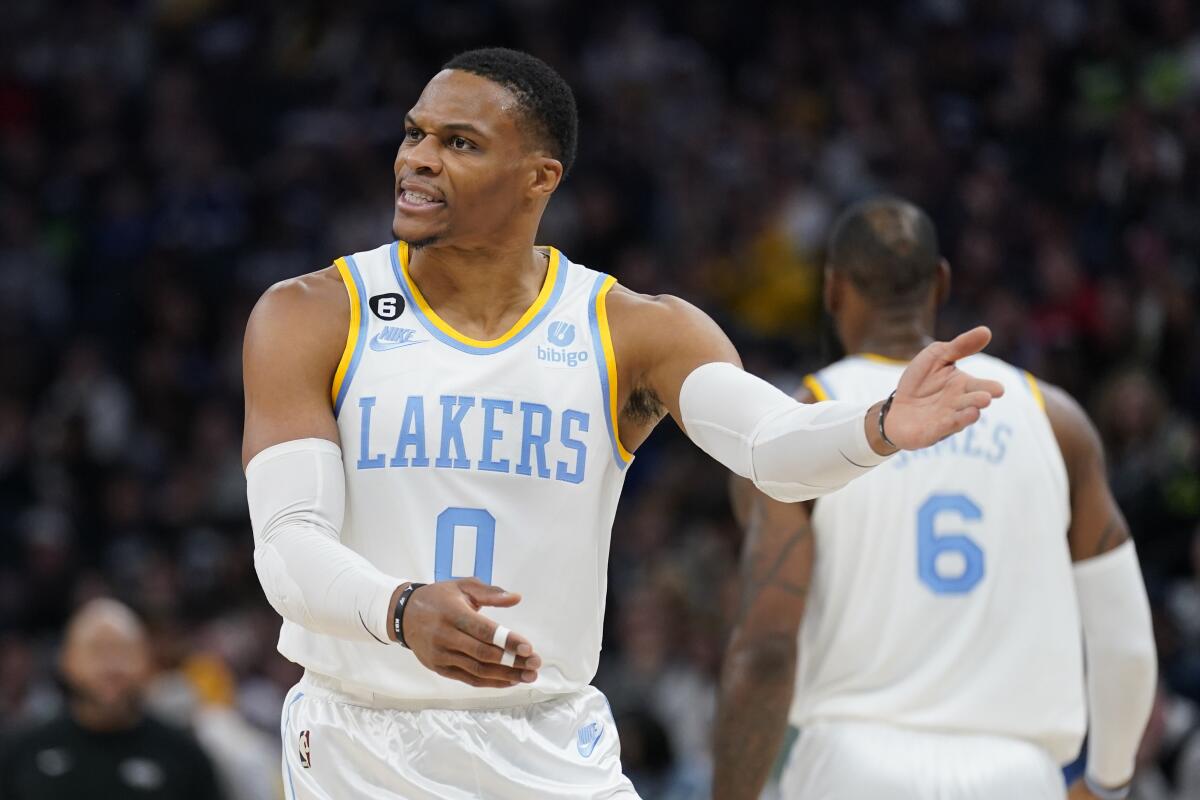Lakers guard Russell Westbrook talks to a referee during Friday's loss to the Minnesota Timberwolves.
