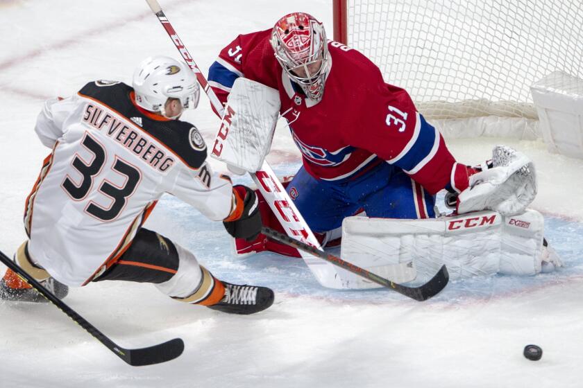 Canadiens goaltender Carey Price makes a save on Ducks right wing Jakob Silfverberg during the first period of a game Feb. 6 at the Bell Centre.