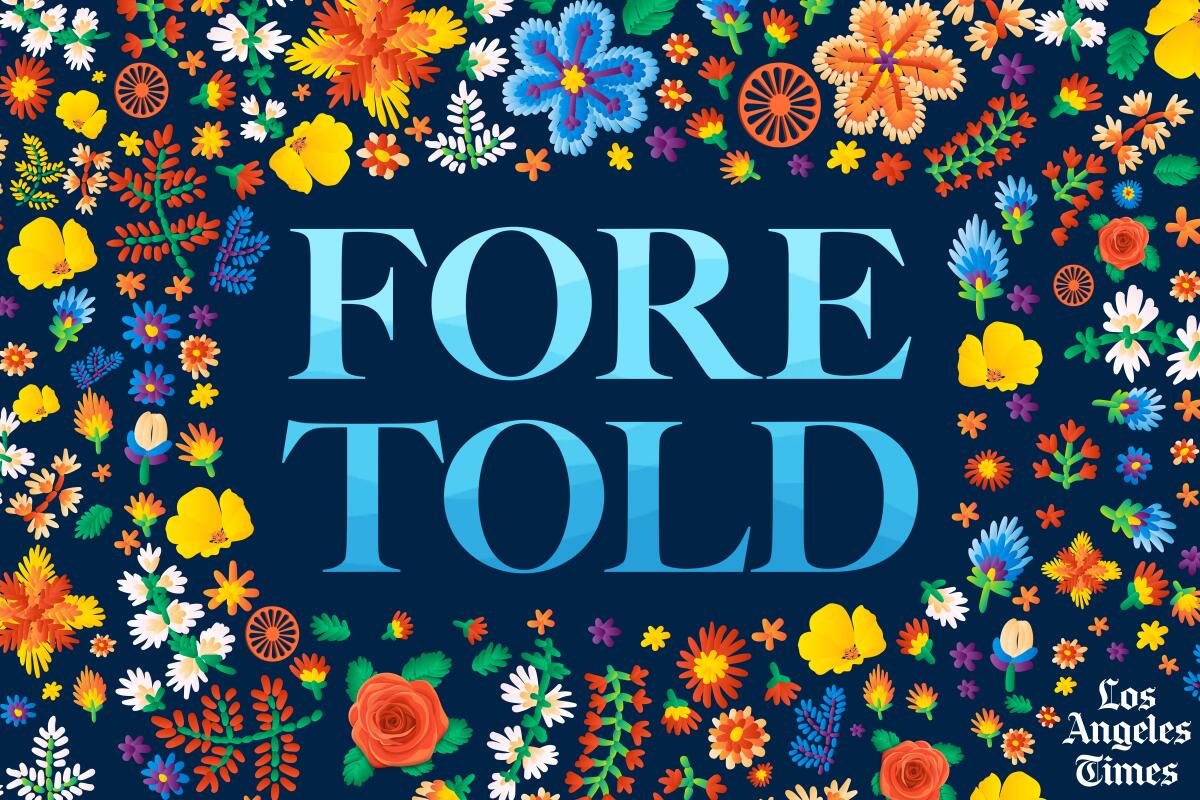 Foretold logo surrounded by colorful flowers on a dark background