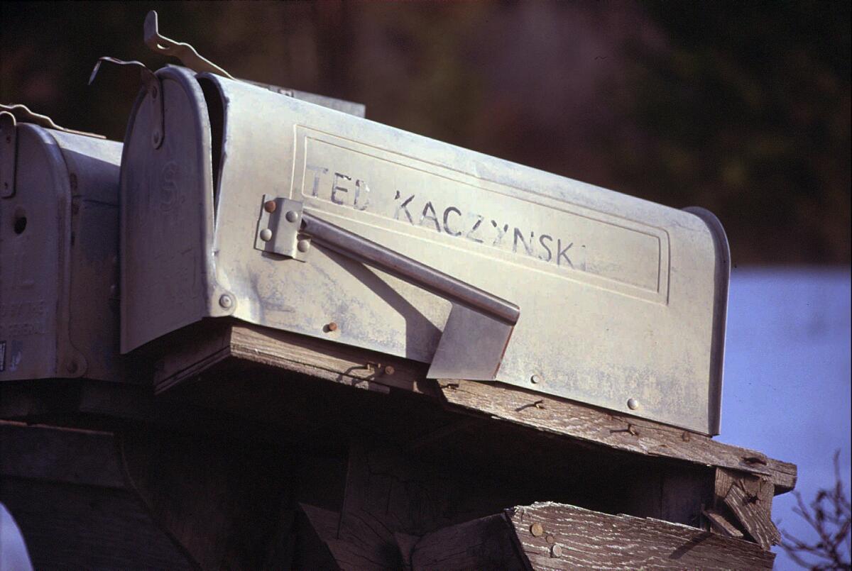  Ted Kaczynski's mailbox with faded lettering spelling his name.
