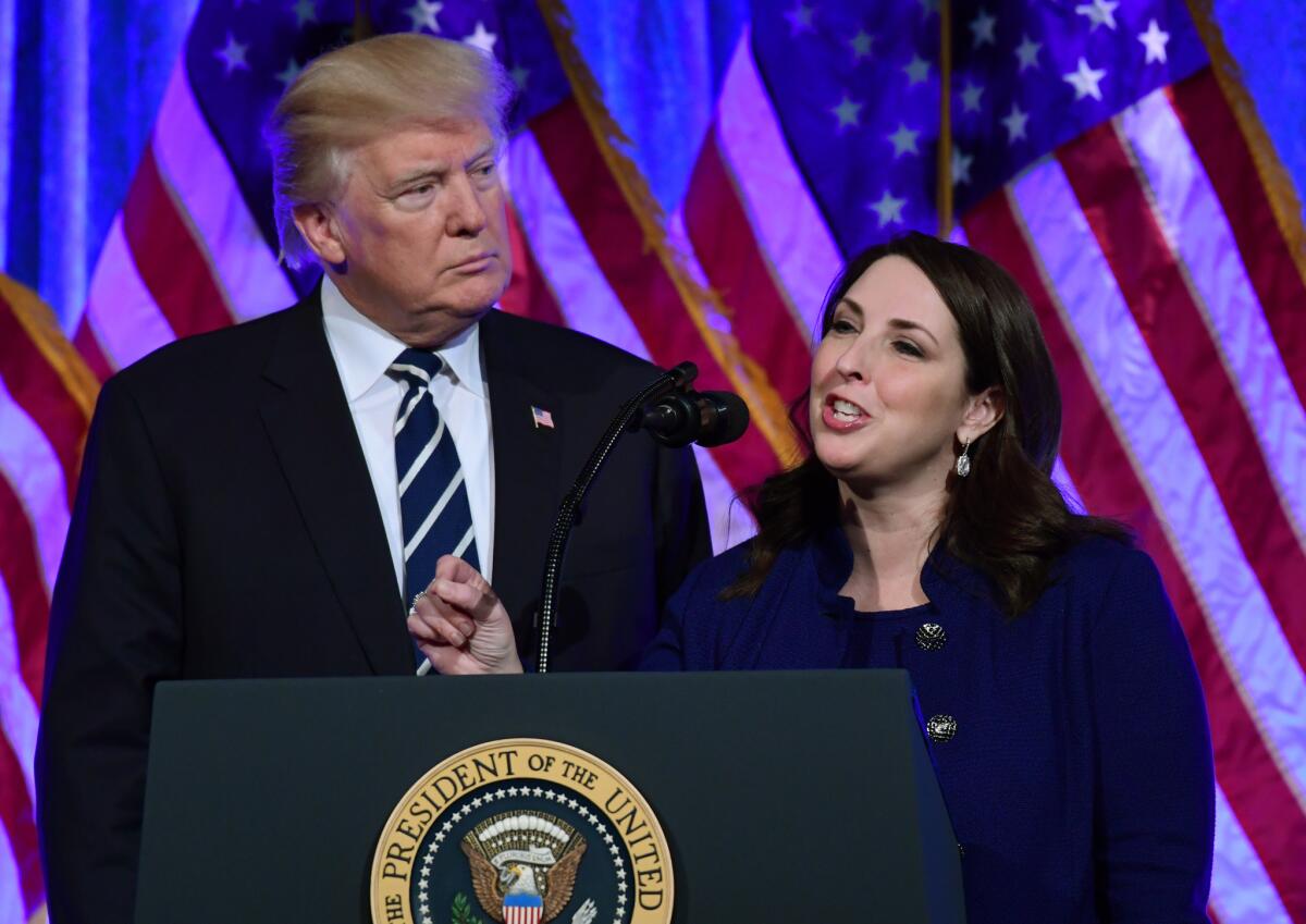 Republican National Committee Chairwoman Ronna McDaniel speaks at a December 2017 fundraiser in New York with President Trump.