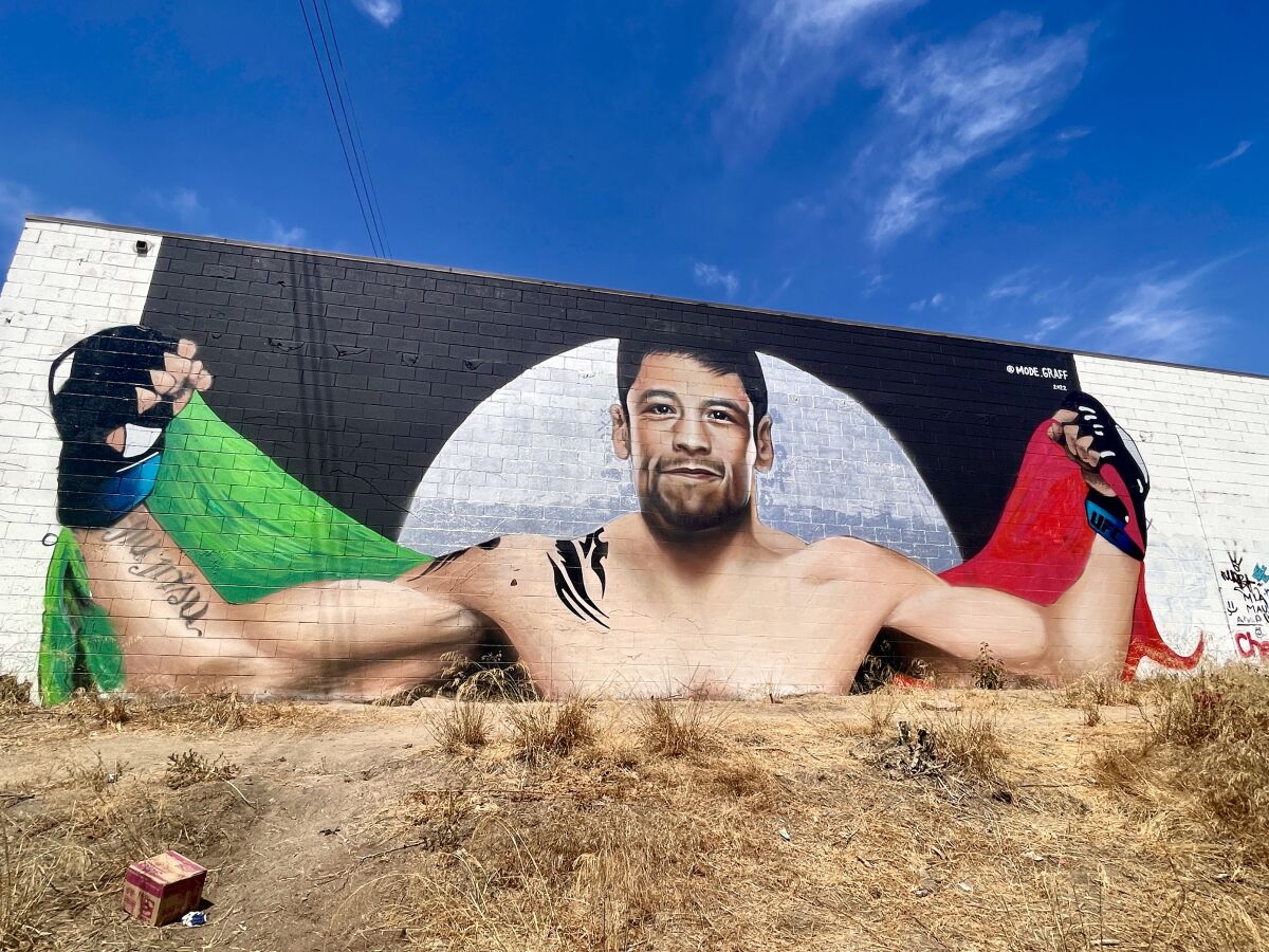 Mural in tribute to Brandon Moreno by artist Mode Orozco. Located at the San Ysidro Boulevard exit on I-805 towards Tijuana.