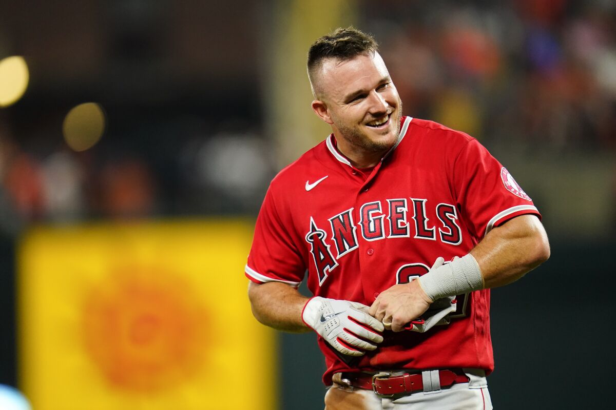 Angels slugger Mike Trout smiles during a loss to the Baltimore Orioles on July 8.