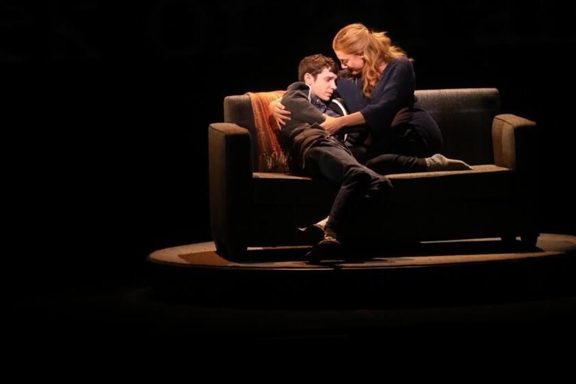 LOS ANGELES, CA - OCTOBER 17, 2018 - - Ben Levi Ross, left, as Evan Hansen, and Jessica Phillips perform in, "Dear Evan Hansen," at the Ahmanson Theatre in Los Angeles on October 17, 2018. The Tony winning musical is about a high school outsider who become a social media sensation under false pretenses. (Genaro Molina/Los Angeles Times)
