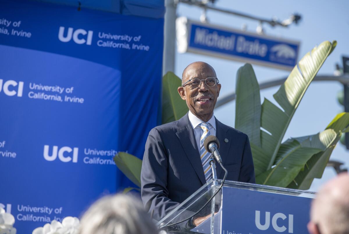 UC President Michael Drake speaks at a UC Irvine ceremony.