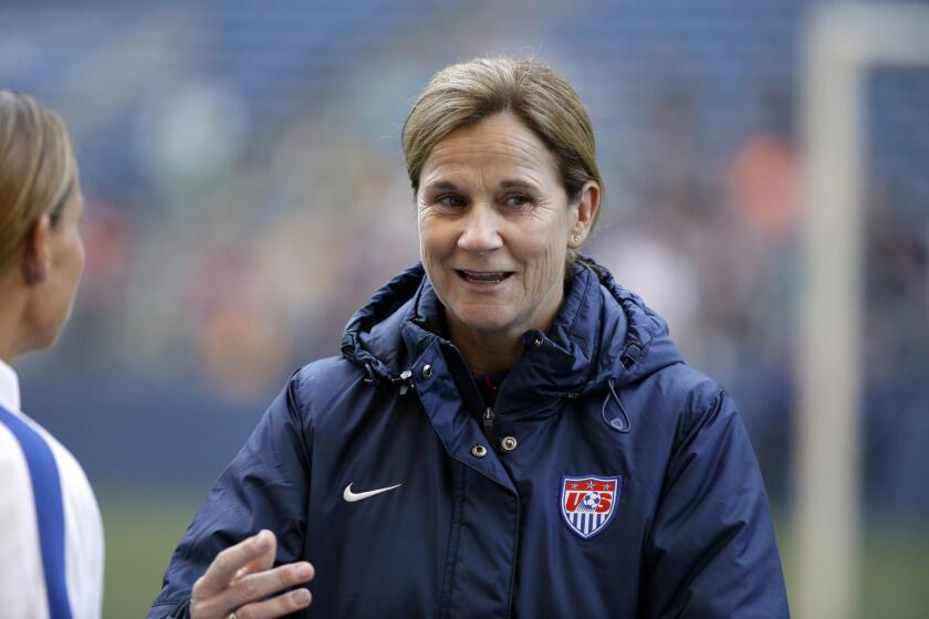U.S. women's national soccer team Coach Jill Ellis talks during a practice in Seattle on Oct. 20.