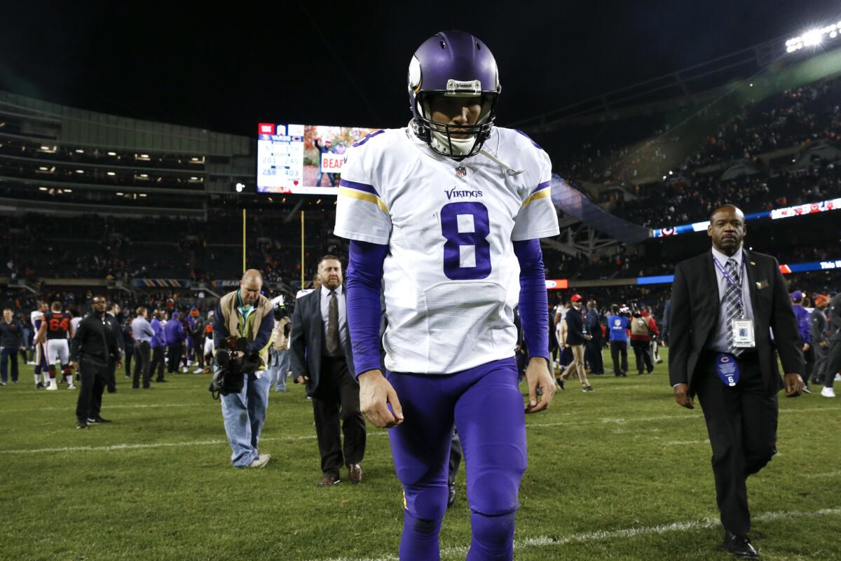 Vikings quarterback Sam Bradford (8) walks off the field after losing 20-10 against the Chicago Bears on Oct. 31.