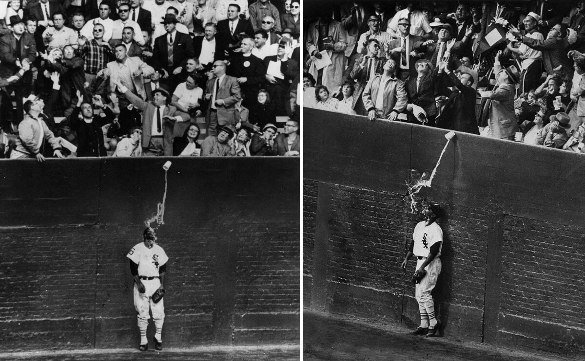 Oct. 2, 1959: Two views of Chicago White Sox outfielder Al Smith getting drenched by a cup of beer spilled by a fan as he tries to catch a home run ball at Chicago's Comiskey Park during the 1959 World Series.