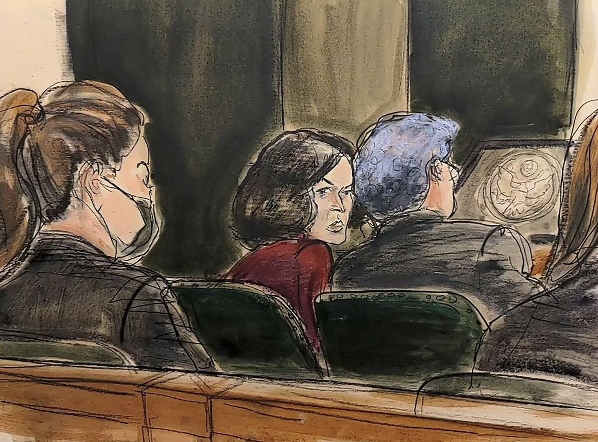 In this courtroom sketch, Ghislaine Maxwell center, confers with her defense attorney Jeffrey Pagliuca, right, before testimony begins in her sex-abuse trial, in New York, Wednesday, Dec. 8, 2021. Testimony continues in the trial of Ghislaine Maxwell, the British socialite accused of helping the millionaire Jeffrey Epstein sexually abuse underage girls. (AP Photo/Elizabeth Williams)