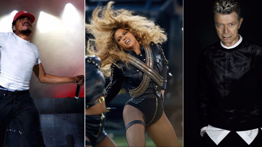 From left, Chance the Rapper, Beyoncé and David Bowie are among the artists who created L.A. Times music staffers' favorite albums of the year.