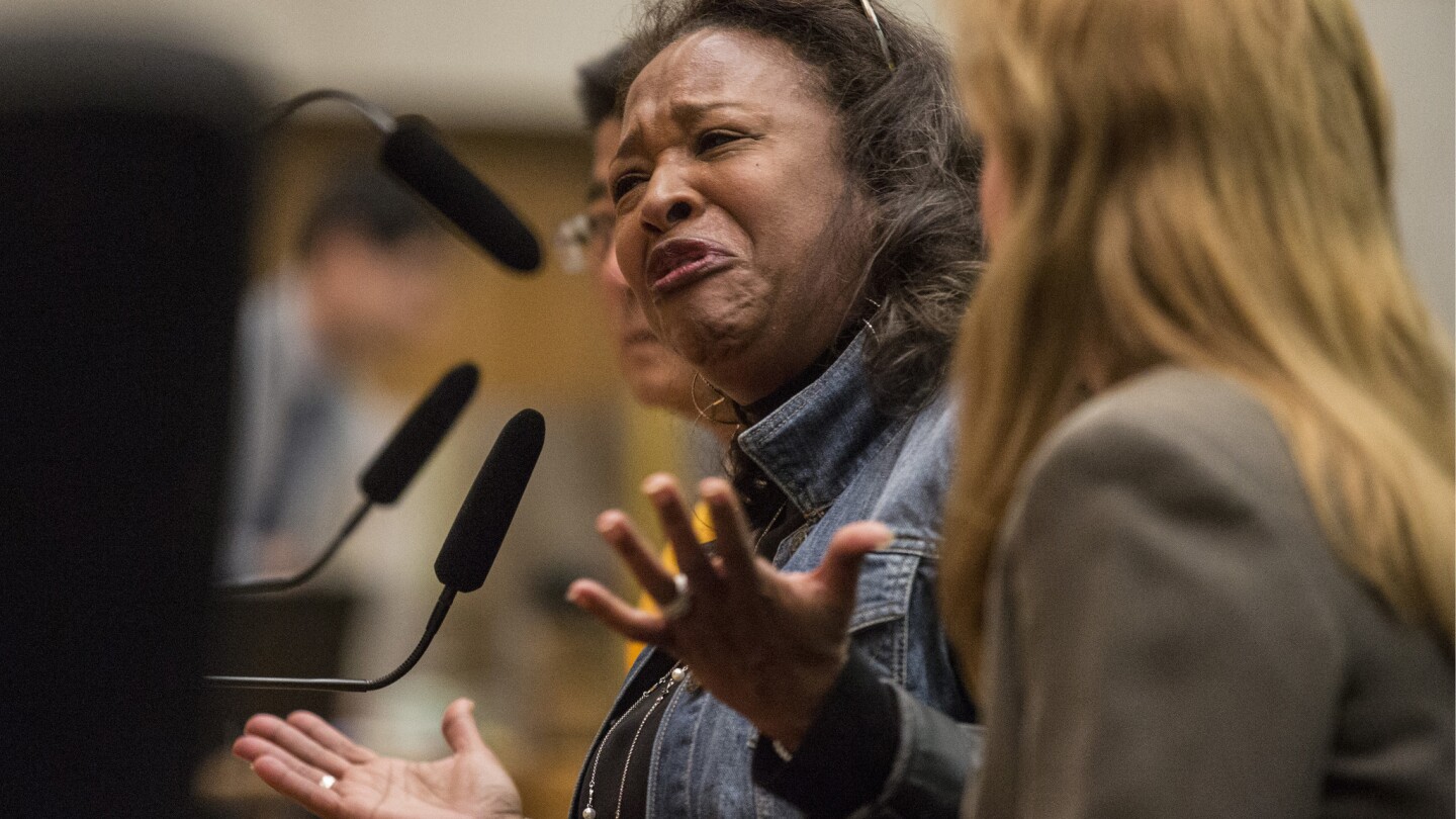Reba Stevens, a former homeless woman, recounts her experiences as she pleads with the Los Angeles County Board of Supervisors to support a quarter-cent sales tax proposal.