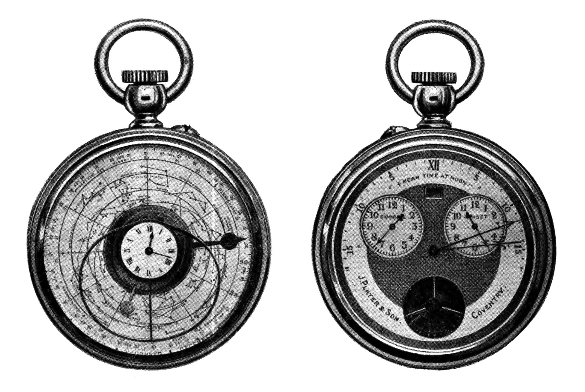 Two images show both sides of the J. Player & Son supercomplication pocket watch 