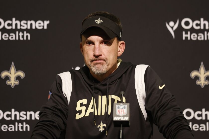 New Orleans Saints head coach Dennis Allen speaks at a news conference after the team's NFL football game against the San Francisco 49ers in Santa Clara, Calif., Sunday, Nov. 27, 2022. (AP Photo/Jed Jacobsohn)